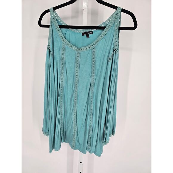 RXB Womens Sz L Long Sleeve Cold Shoulder Blouse Light Blue Crochet Boho - Picture 1 of 4
